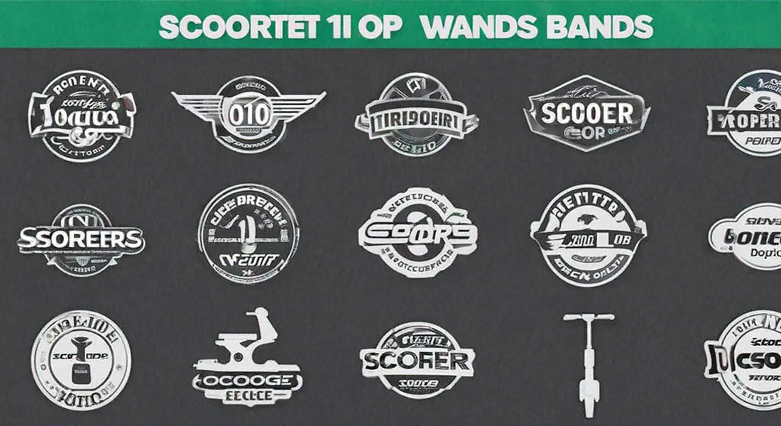 Grid of stylized scooter and electric scooter logos on dark background, mock branding showcase