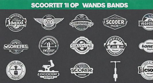Grid of stylized scooter and electric scooter logos on dark background, mock branding showcase