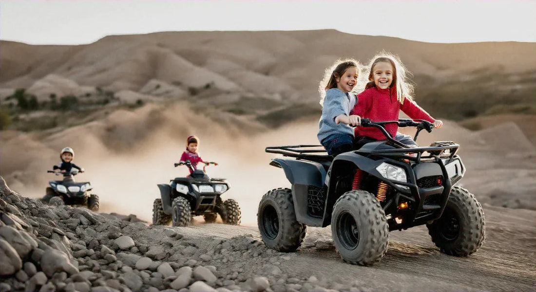 Kids riding ATVs on dirt trails in desert landscape, outdoor adventure for children