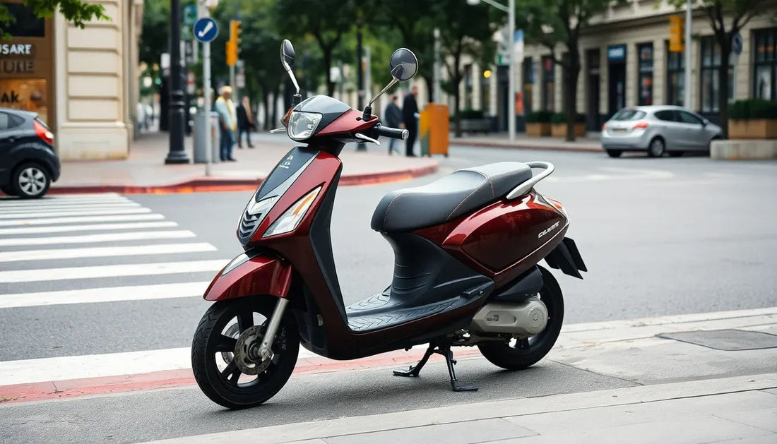 Red street scooter parked at a city crosswalk, urban electric scooter for adults