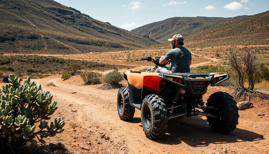 Man riding ATV on scenic dirt trail in desert, off-road vehicle adventure