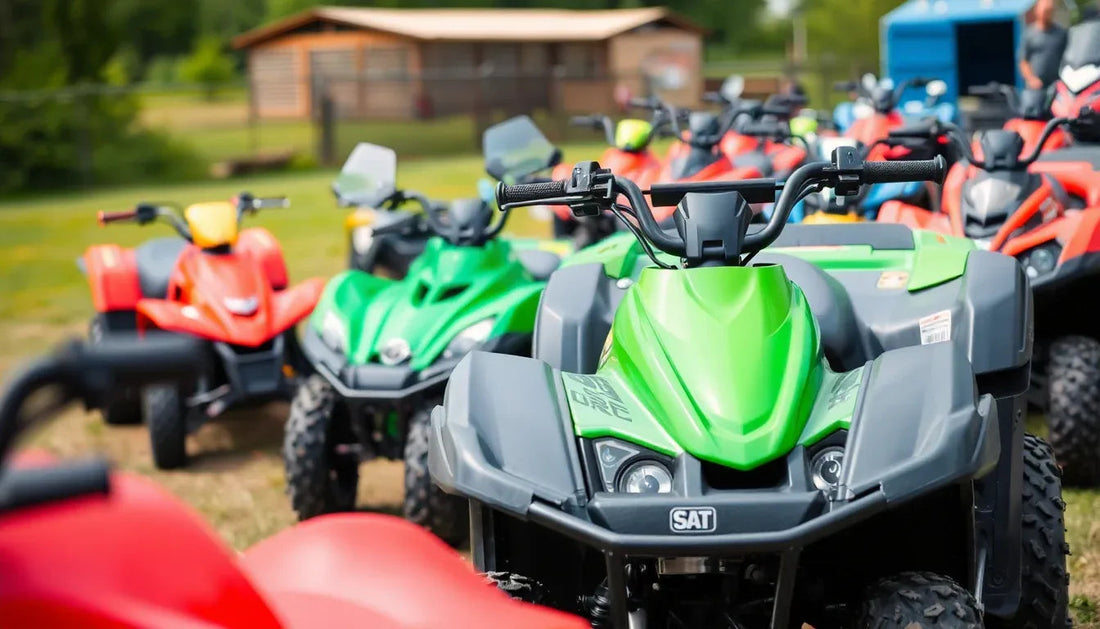 Multiple colorful ATVs parked outdoors on grass, showcasing all-terrain vehicles for sale