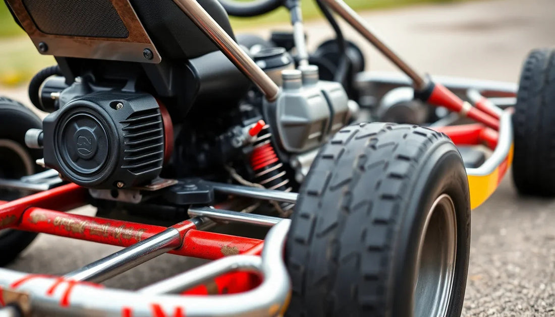 Close-up of mechanics and tires of a youth go-kart frame with red and yellow chassis on pavement