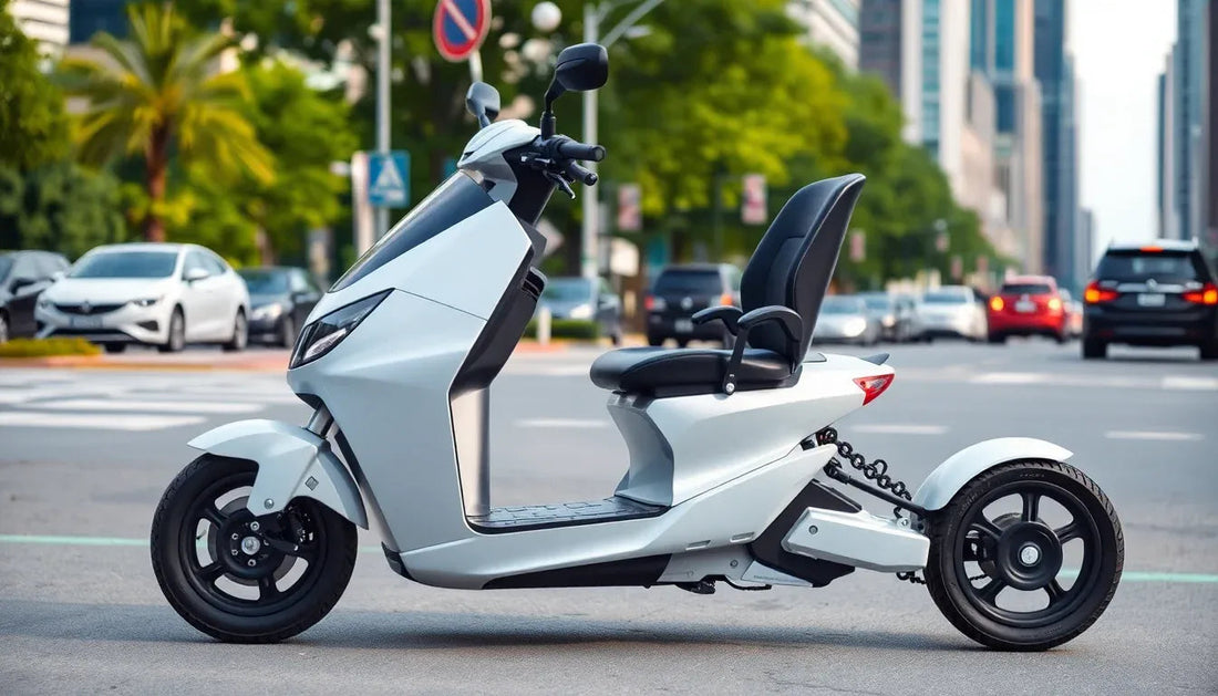 Modern white three-wheel electric scooter parked in urban city street