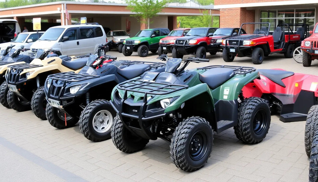 Row of all-terrain vehicles (ATVs) in various colors parked outside dealership