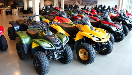 Showroom with multiple colorful ATVs and quad bikes for sale on display