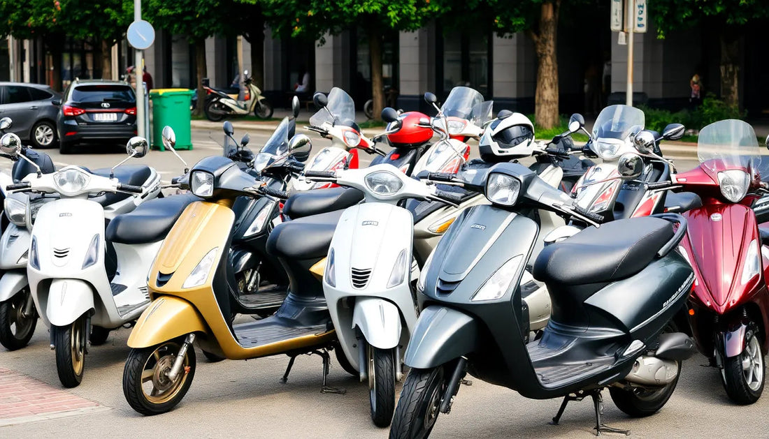 Multiple scooters parked outdoors in a row on a city street, various colors visible