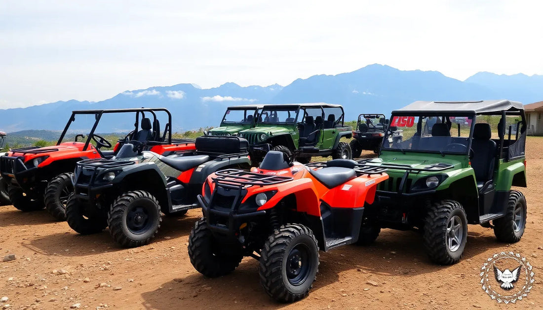 ATVs and utility vehicles parked on dirt with mountains in the background
