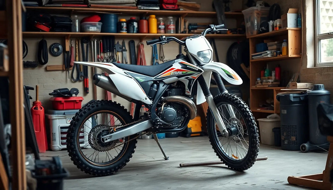 White dirt bike with off-road tires in a workshop setting, surrounded by tools and shelves.
