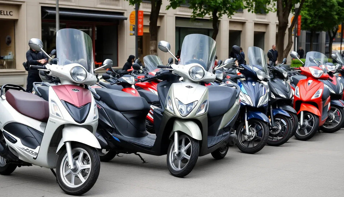 Row of modern scooters parked outdoors, featuring multiple colors and windshields