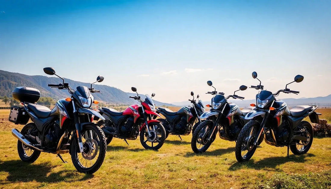 Five sport motorcycles parked outdoors on grass, mountains and blue sky in background