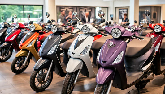 Row of colorful scooters in a showroom with modern scooters for sale