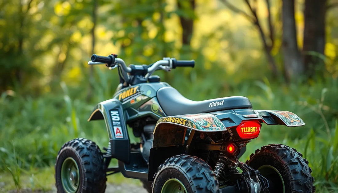 Kids green ATV four wheeler parked on a grassy outdoor trail, rear view