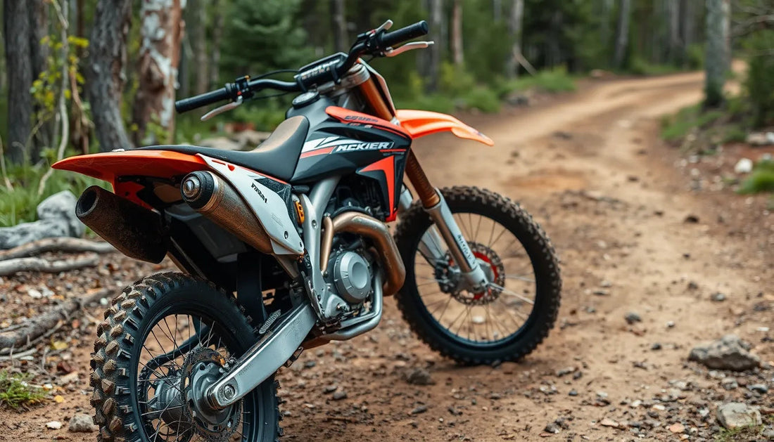 Off-road dirt bike with knobby tires on a forest trail, ideal for adventure riding.