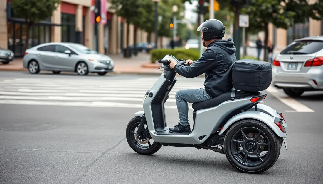 Man riding three-wheel motor scooter with rear storage in city street, wearing helmet