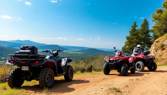 ATVs parked on a dirt trail with scenic mountain landscape and forest views