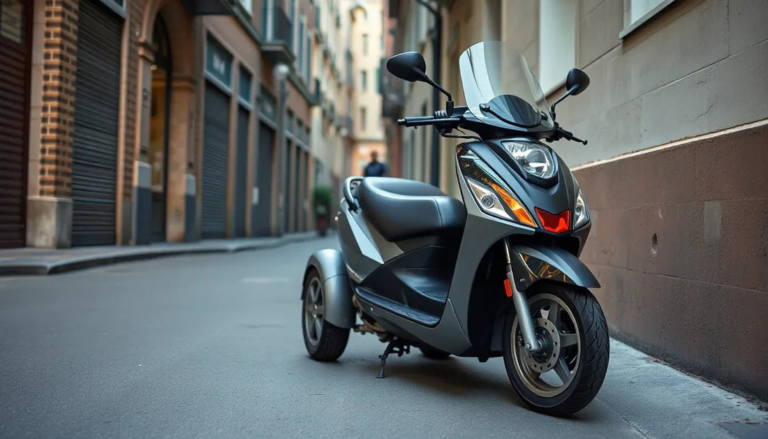 Three wheel motor scooter parked on urban street, modern design, adult commuter vehicle