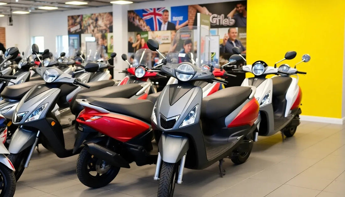 Modern scooters in a showroom, featuring red and silver body designs, displayed indoors.