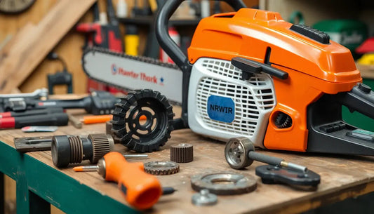 Orange chainsaw with parts and tools on workbench in workshop setting