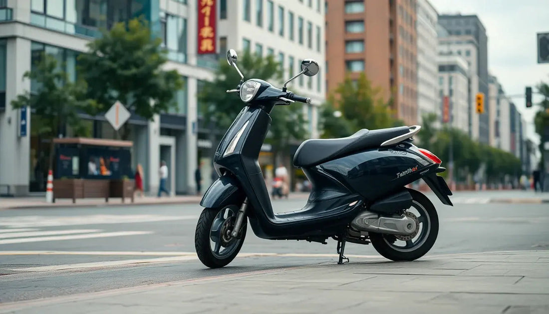 Black scooter parked on city street, modern urban background, commuter scooter.