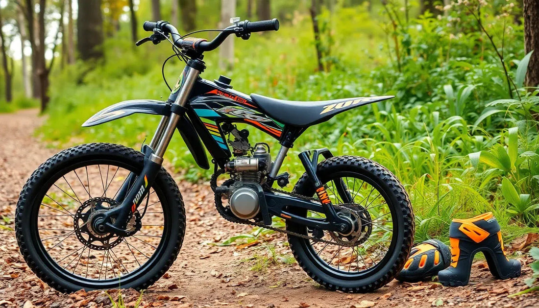 Youth dirt bike on a forest trail with protective gear, off-road motorcycle for kids