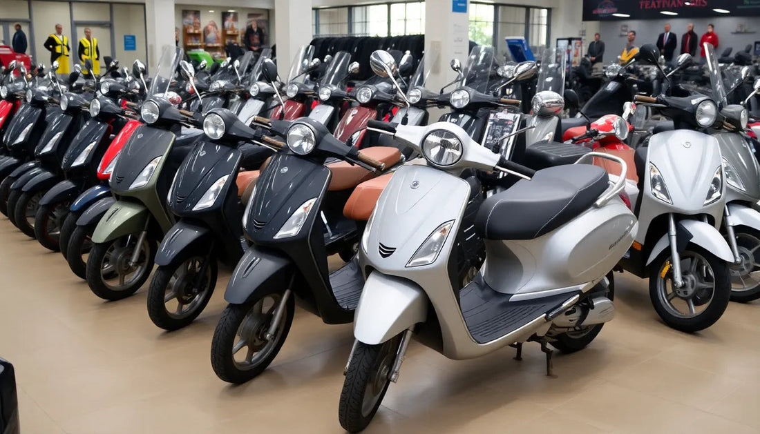 Showroom filled with multiple scooters in various colors, neatly lined up indoors