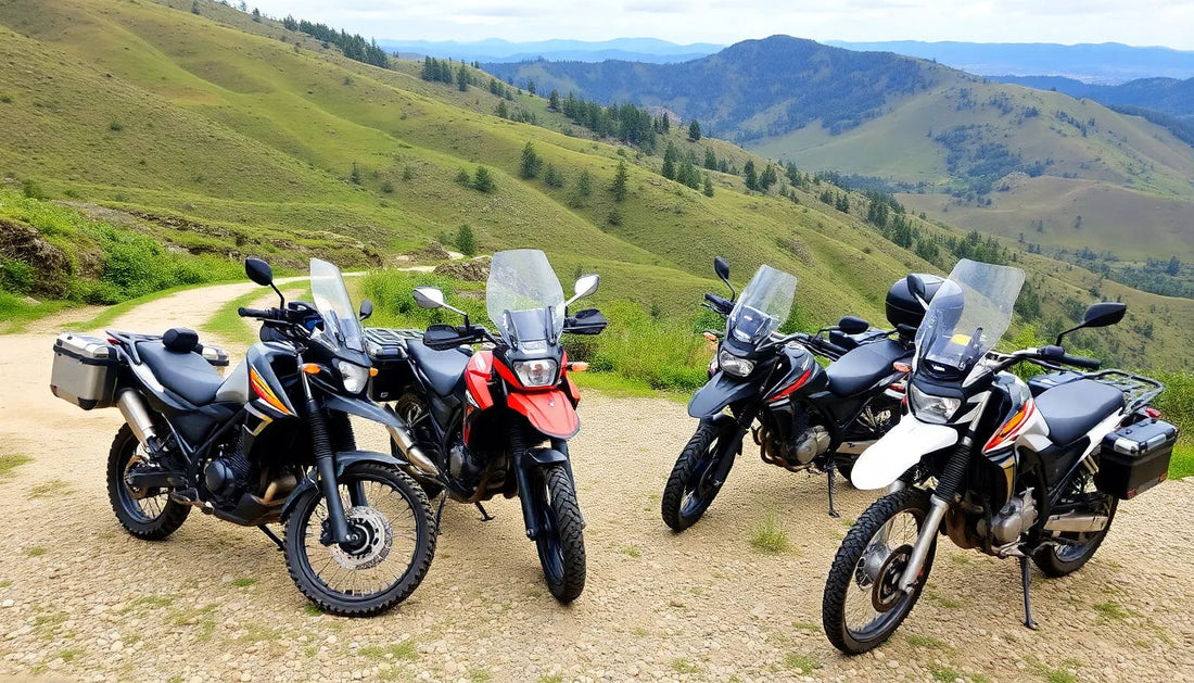 Four adventure motorcycles parked on a dirt trail in scenic green mountains, perfect for youth powersports enthusiasts at Q9 PowerSports USA.