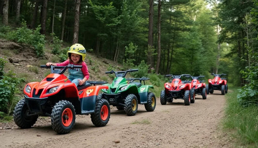 Children riding kids' ATVs on a forest trail, wearing helmets, beginner youth quad bikes