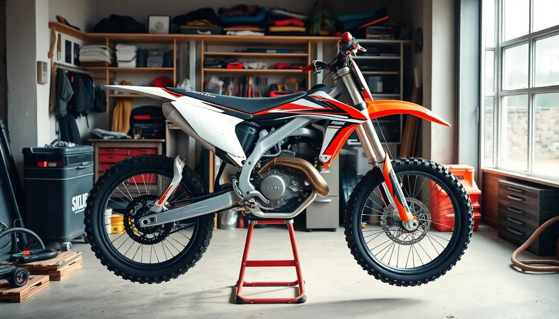 Off-road dirt bike with knobby tires and red-white graphics in a sunlit garage