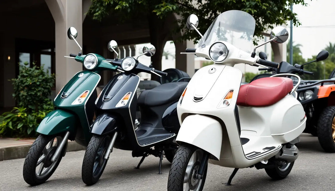 Three modern scooters parked outdoors, featuring white, black, and green colors