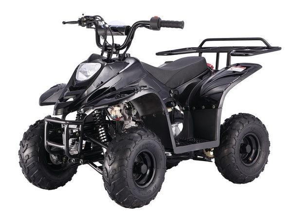 Black 110cc youth ATV with rugged tires and rear cargo rack on white background
