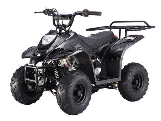 Black 110cc youth ATV with rugged tires and rear cargo rack on white background