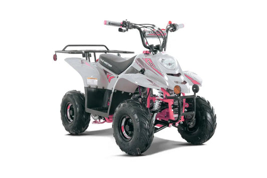 Gray and pink youth ATV with rugged tires and front headlight on white background