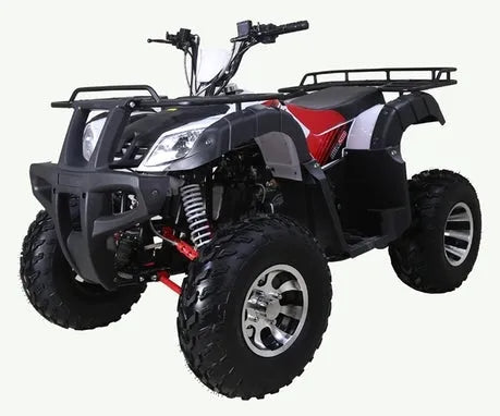 Black and red ATV with rugged tires and front grill on a white background