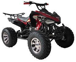 Red and black youth ATV with rugged tires and sporty design on white background