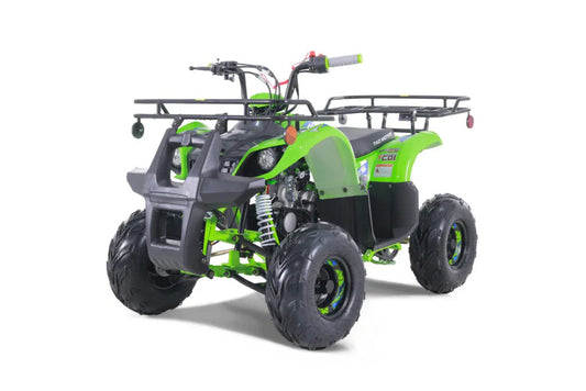 Green youth ATV with rugged tires, front grill guard, and cargo racks on white background