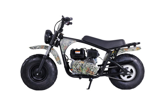 Mini bike with black frame, camo fenders, and off-road tires on white background