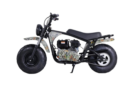 Camo mini bike with fat tires, black frame, and padded seat on a white background