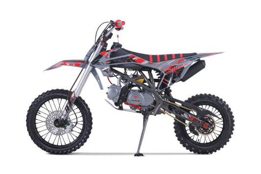 Gray and red dirt bike with off-road tires, side view on white background