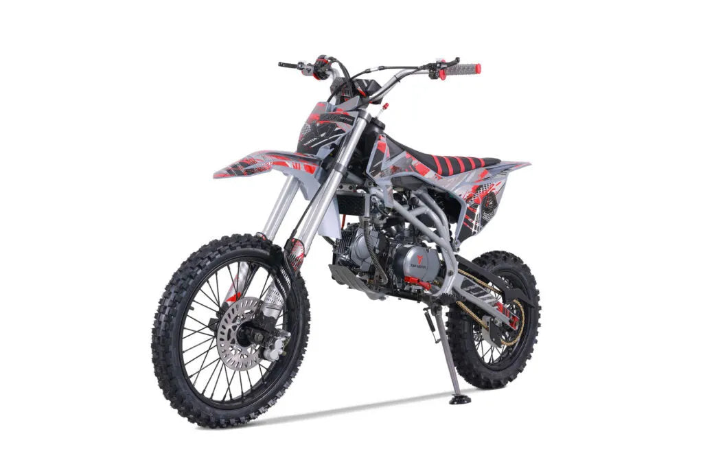 Gray and red youth dirt bike with knobby tires on white background, Q9 PowerSports USA
