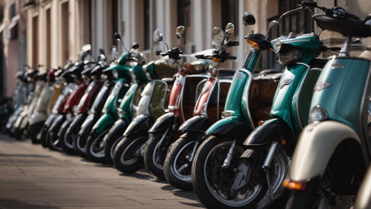Row of 50cc scooters in various colors parked on a city street