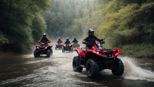 Group riding red ATVs through a forest river, off-road adventure vehicles in action