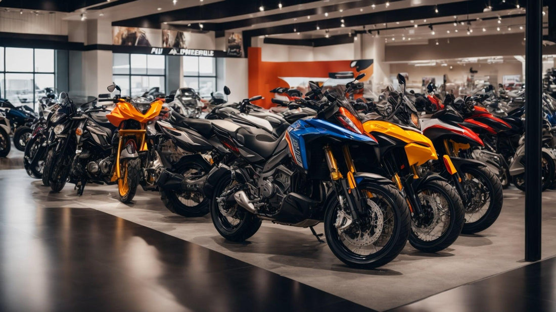 Modern showroom with multiple sport motorcycles in various colors on display