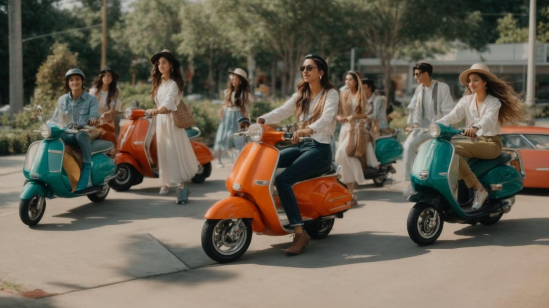 Group of young adults riding colorful scooters outdoors on a sunny day
