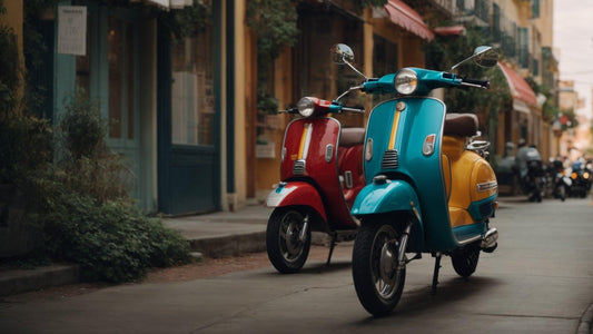 Two colorful 50cc scooters parked on a city street with people riding motorcycles in the background.