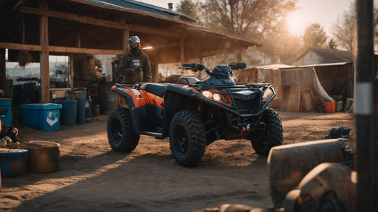 All-terrain ATV parked outdoors near a workshop, with rider in helmet nearby at sunset