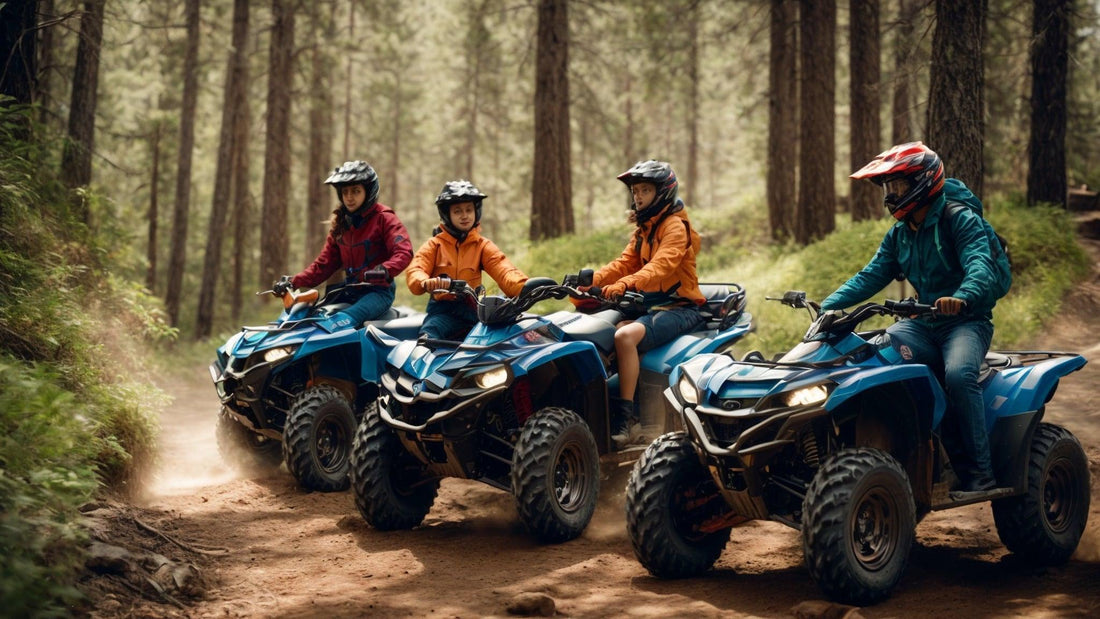 Family riding blue ATVs on a forest trail wearing helmets, outdoor adventure scene