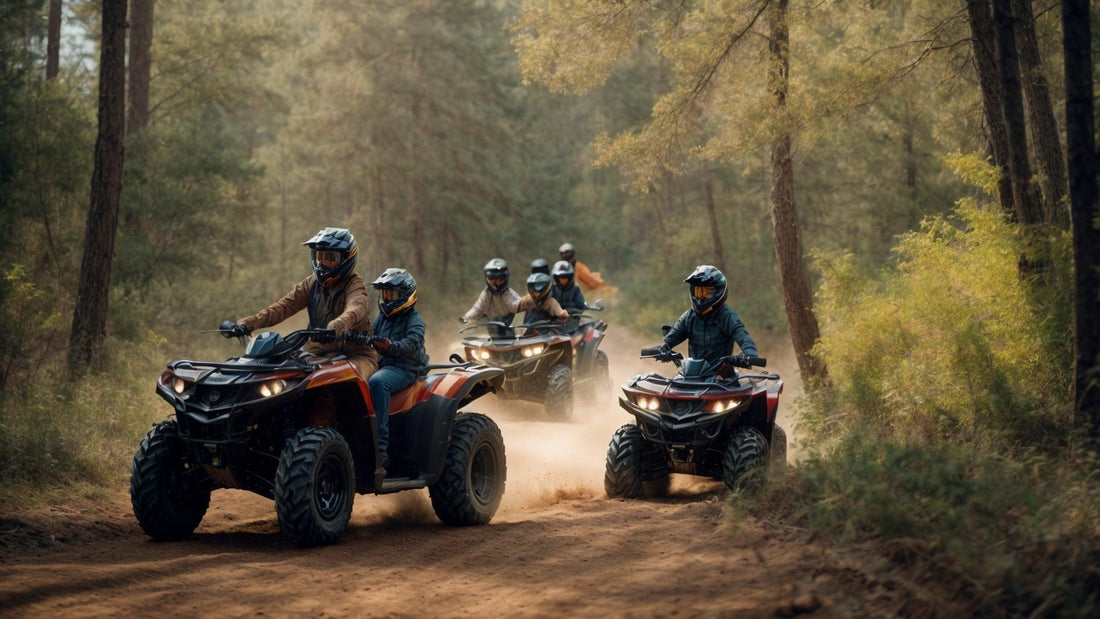Family riding ATVs on forest dirt trail, wearing helmets, outdoor adventure