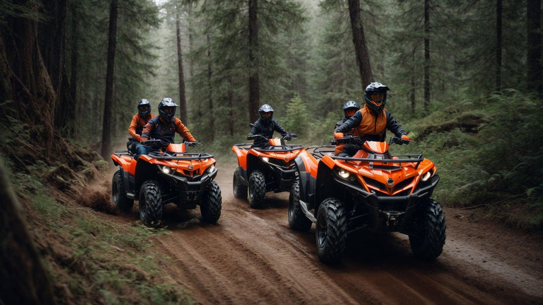 Family riding orange ATVs on a dirt forest trail, wearing helmets and safety gear.