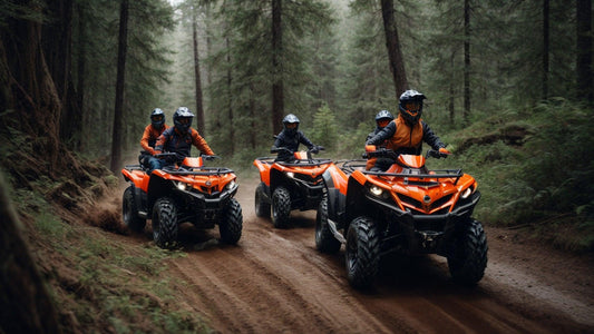 Family riding orange ATVs on a dirt forest trail, wearing helmets and safety gear.